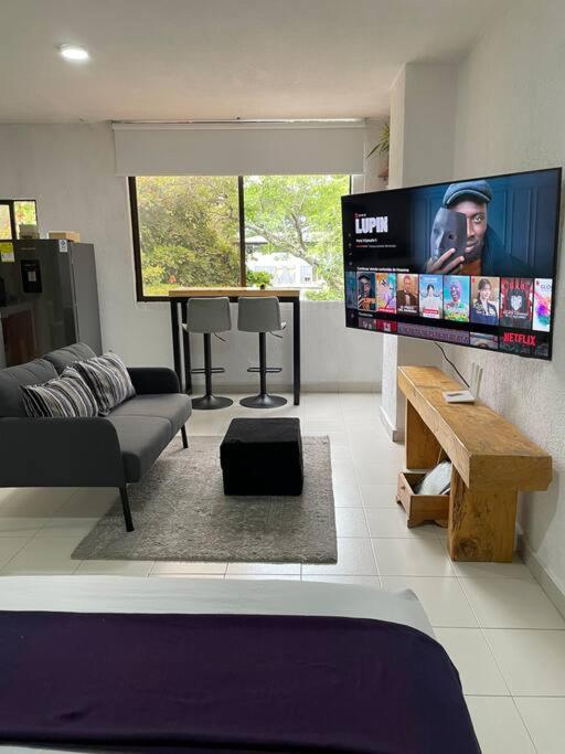 een woonkamer met een bank en een flatscreen-tv bij Apartaestudio Zona Norte - Vipasa in Cali