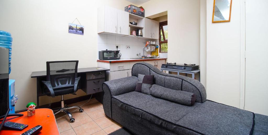 - un salon avec un canapé, une chaise et un bureau dans l'établissement Luxurious suite apartment, à Nairobi
