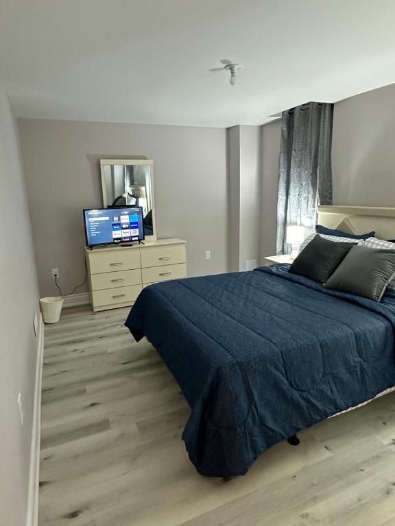 Innisfilにある2 bedrooms basement with bath,kitchen,laundry &dinningのベッドルーム(青いベッド1台、薄型テレビ付)