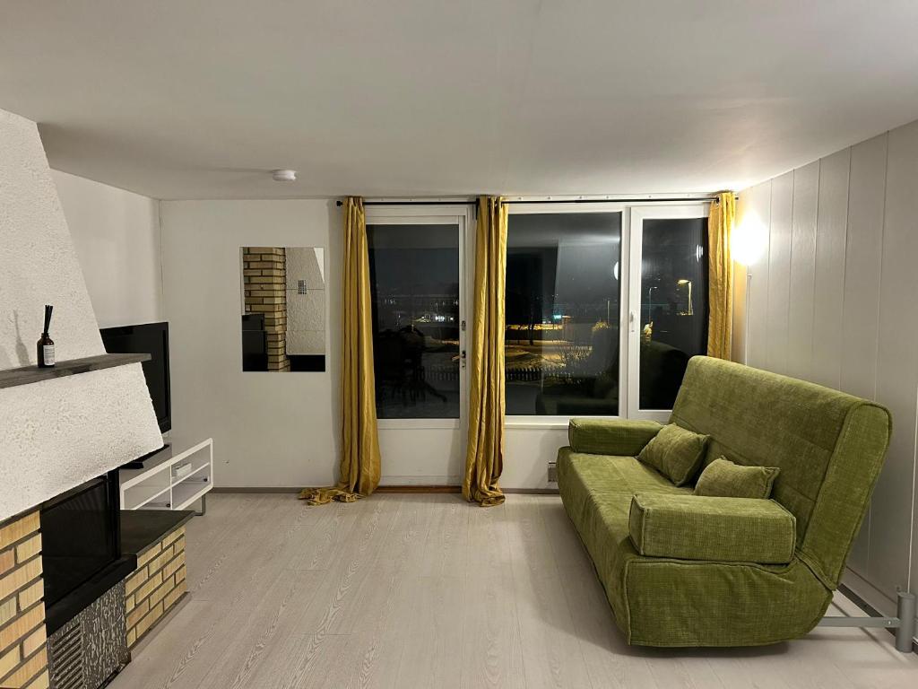 a living room with a green couch and a fireplace at Beautiful and central apartment in Oslo and Bærum in Kolsås