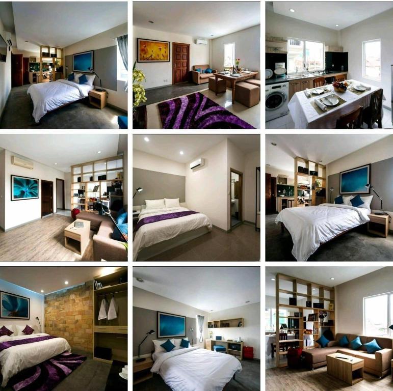 a collage of four pictures of a hotel room at White Residence Hotel & Apartment in Phnom Penh
