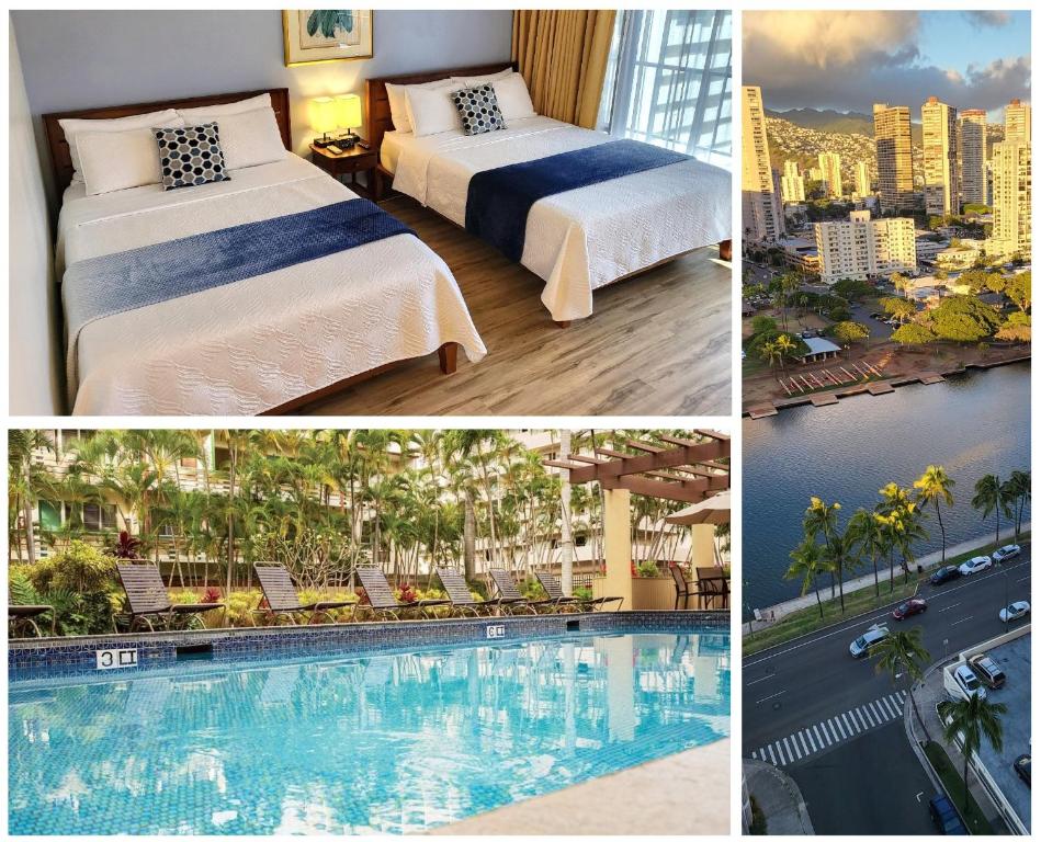 a hotel room with two beds and a swimming pool at 21st Floor Renovated Studio with 2 Queen Beds in Honolulu
