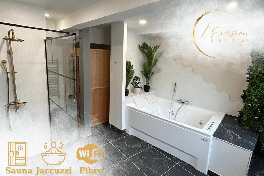 a bathroom with a shower and a white tub at L'Evasion Amboise, Sauna Jacuzzi in Amboise