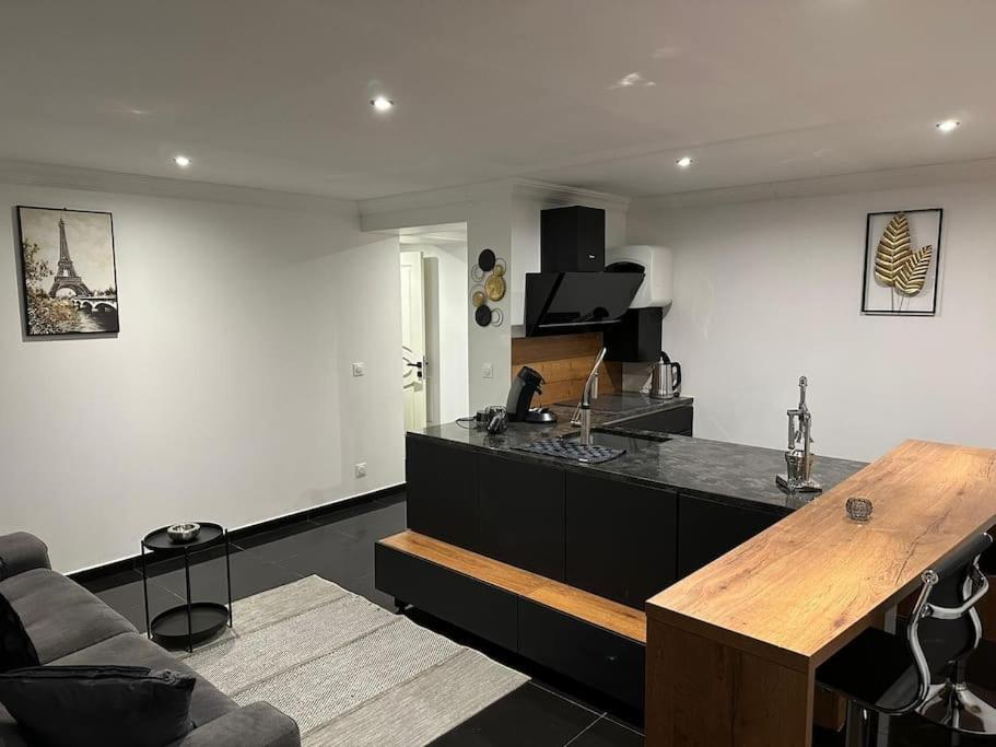 ein Wohnzimmer mit einer Küche mit einer Arbeitsplatte in der Unterkunft Super Appartement T2 Luxe 