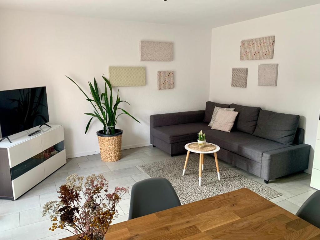a living room with a couch and a table at Souterrain Ferienwohnung im Acherner Weg in Achern