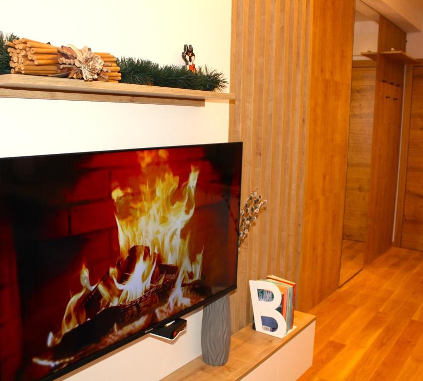 a fireplace in a living room with a fire in it at Jahorina Zlatni Javor 206 in Jahorina