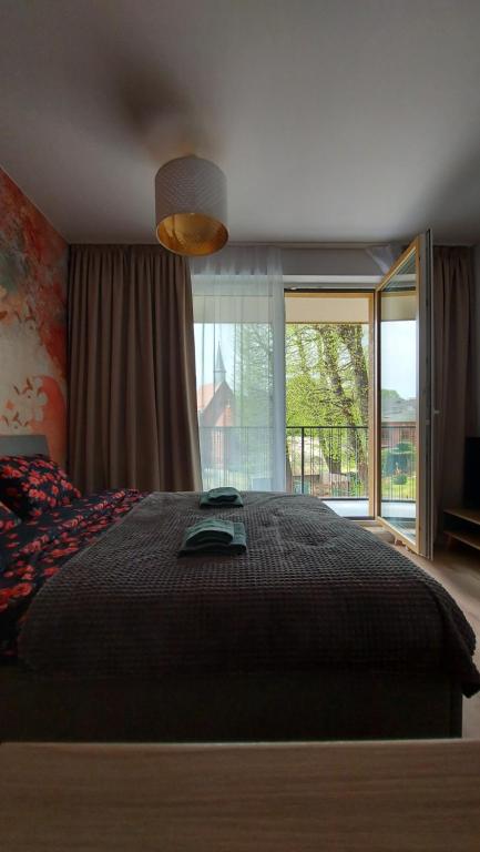 een slaapkamer met een groot bed en een groot raam bij STARE MIASTO KWIATY in Elblag