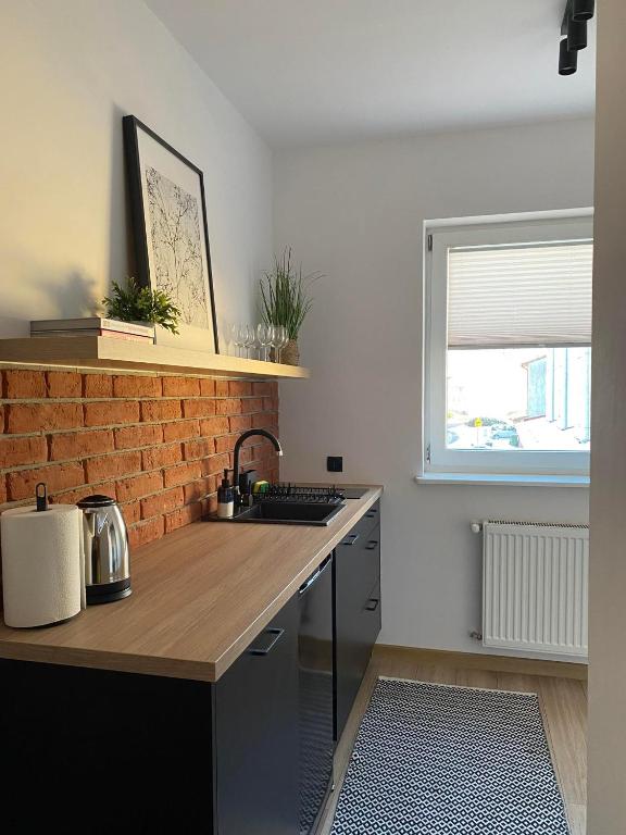 a kitchen with a counter and a brick wall at Apartament Black in Pasłęk