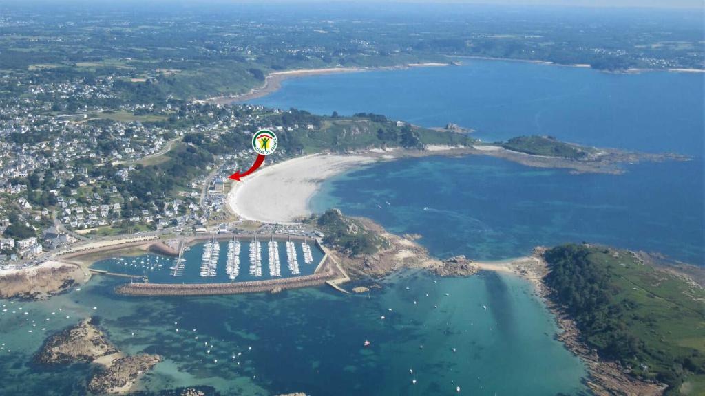 an aerial view of a beach with a red rectangle at La plage in Trébeurden