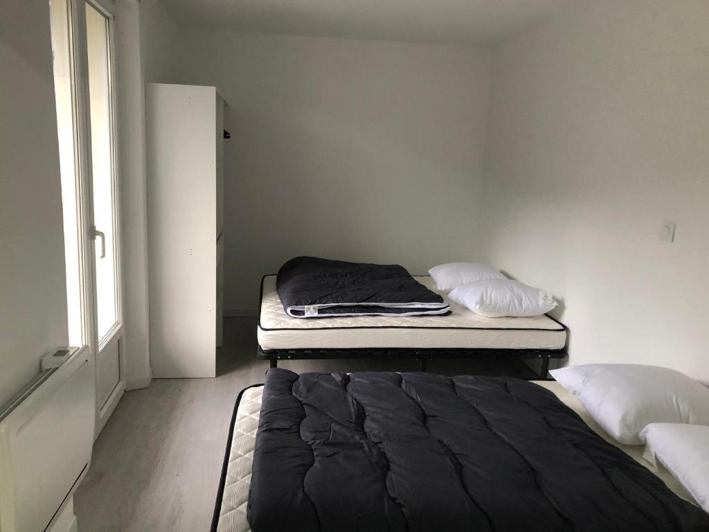 Cette chambre comprend un lit avec deux matelas et une fenêtre. dans l'établissement appartement 8 couchages, à Laveissière