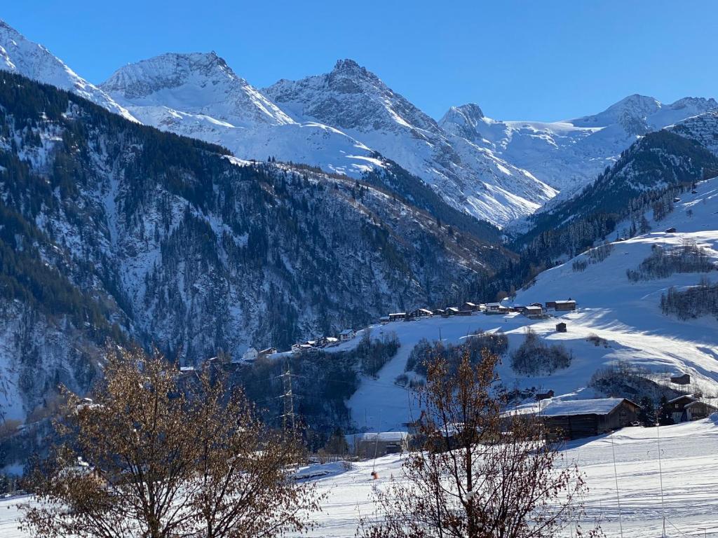 vistas a una cordillera nevada con un lago en Disentis-Ferien, en Disentis