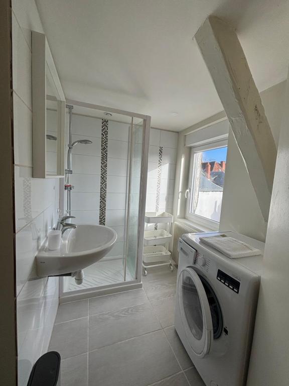 een badkamer met een wasmachine en een wastafel bij bel appartement tout juste rénové 4 personnes in Vierzon
