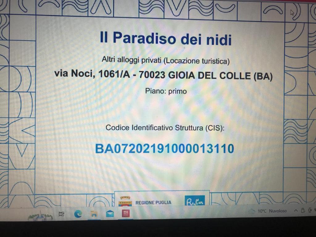 Certifikát, hodnocení, plakát nebo jiný dokument vystavený v ubytování Il Paradiso dei nidi