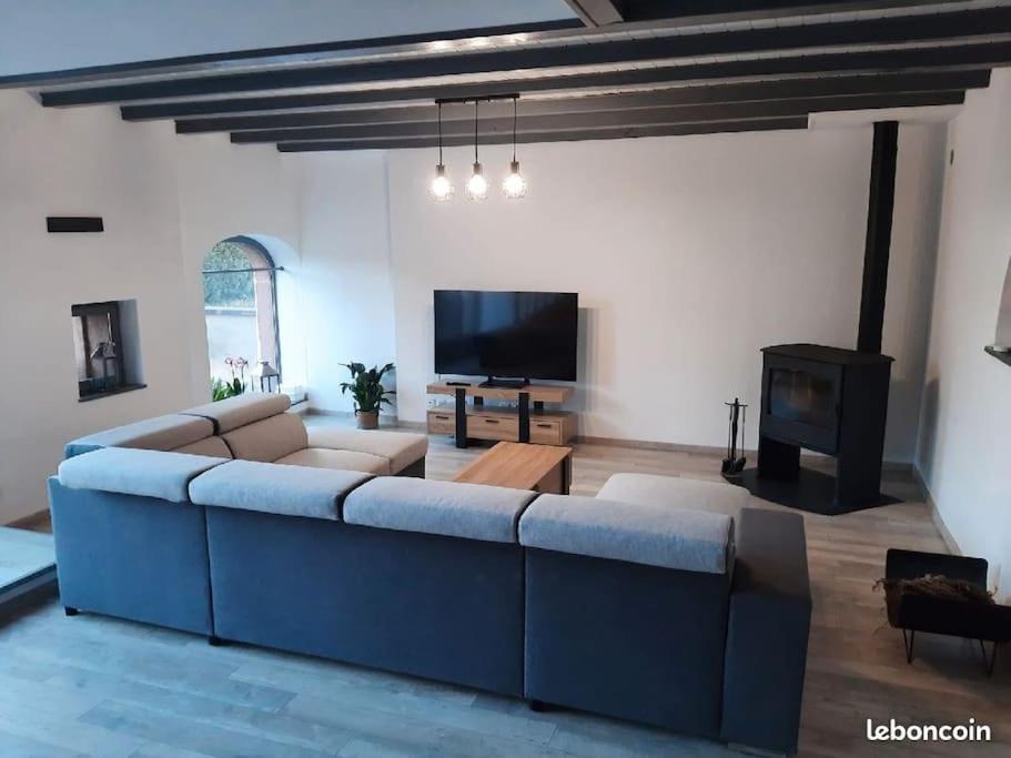 a living room with a blue couch and a flat screen tv at Gîte des Sagards in Saint-Michel-sur-Meurthe