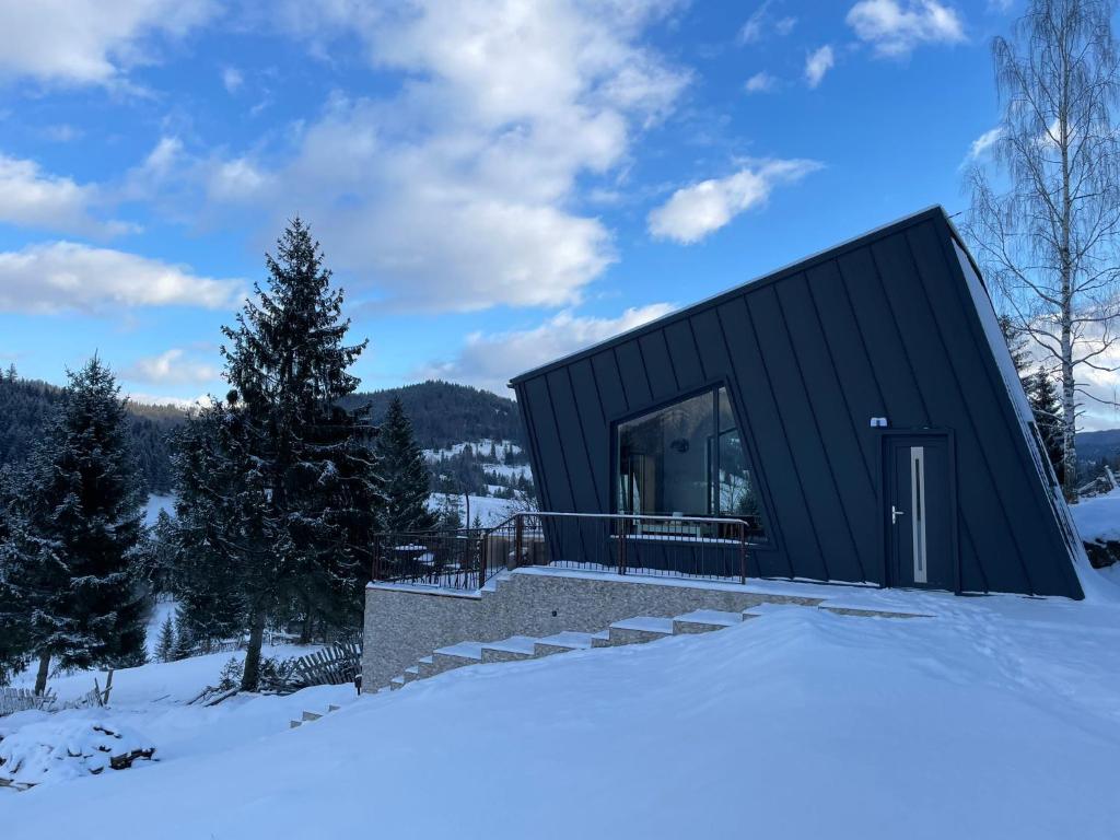 una casa negra en la nieve en las montañas en Tiny One cu Jacuzzi în Tiny Land, en Lacu Roșu