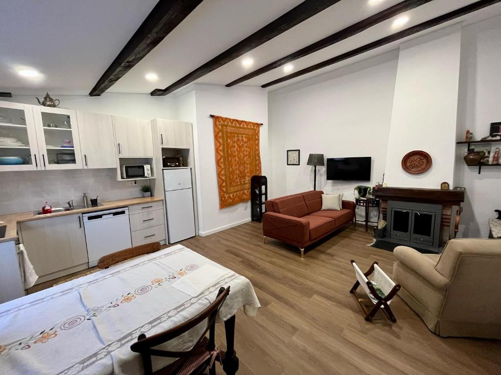 ブラガンサにあるNinho do Melro II - Turismo Rural Bragançaのキッチン、リビングルームが備わる広い客室です。