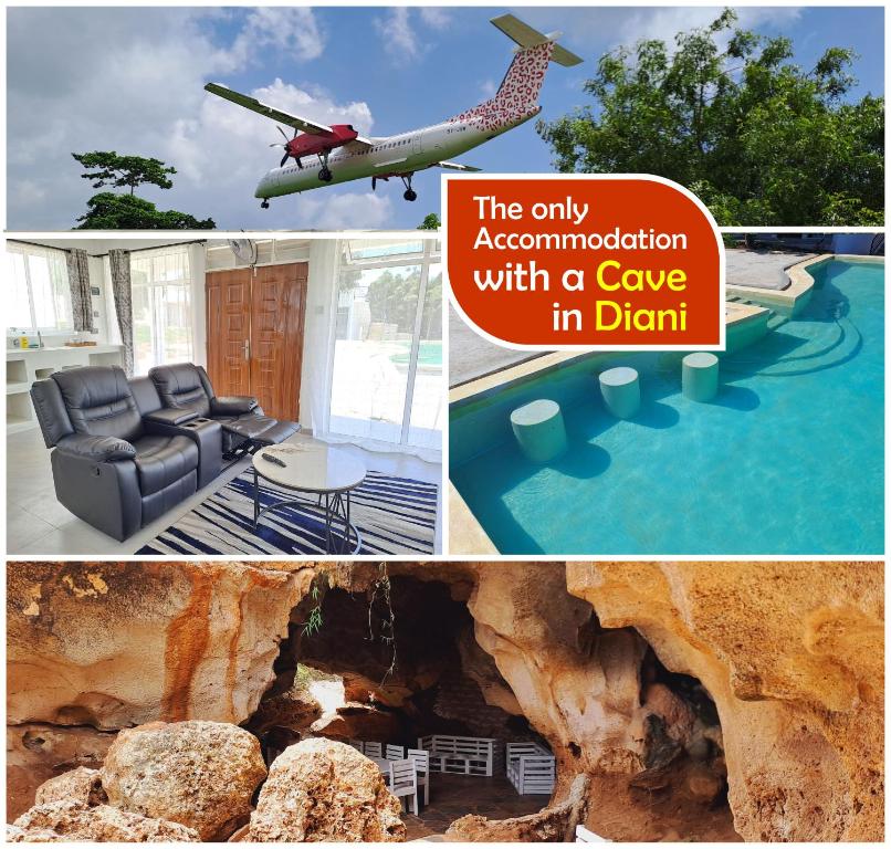 a collage of pictures of a house and an airplane at Cave Diani Holiday Apartments in Diani Beach