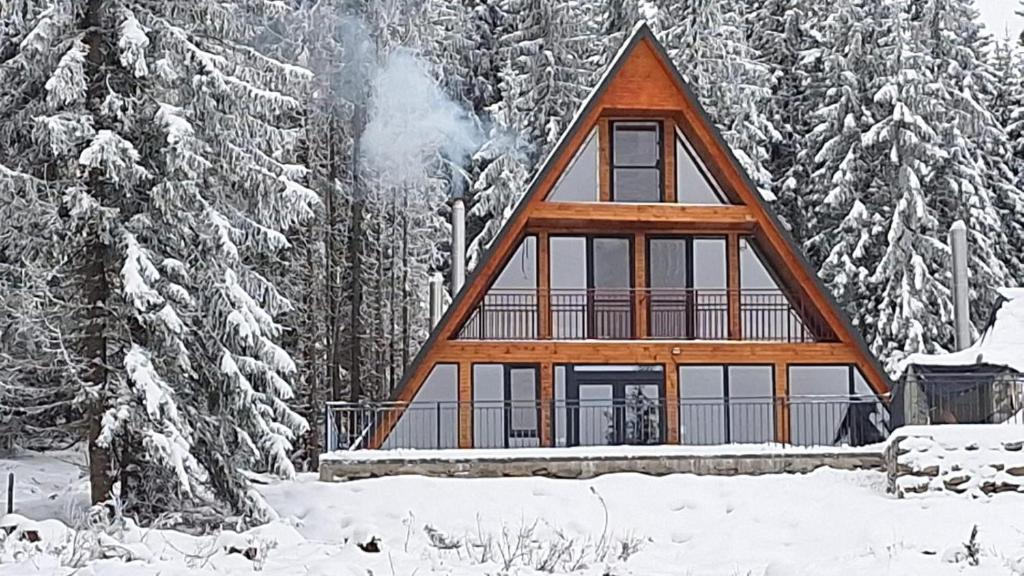 una cabaña en el bosque en la nieve en Cabana Cerbului, en Cluj-Napoca