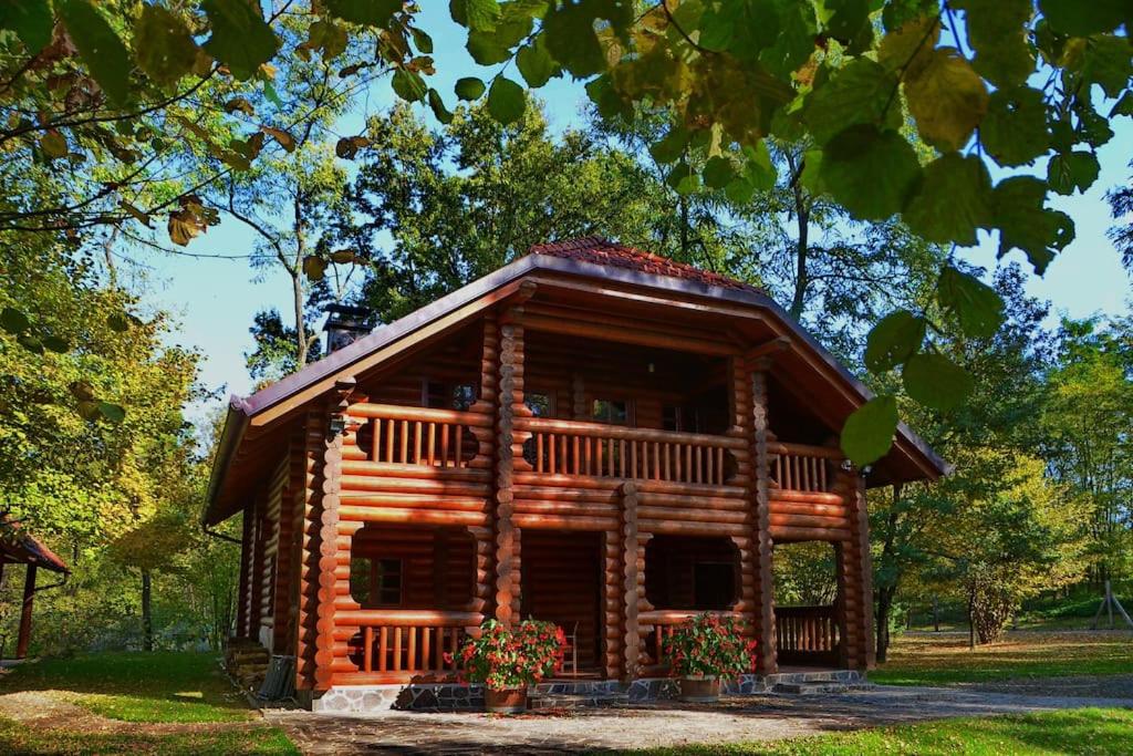 una baita di tronchi con fiori di fronte di Luxury Chalet at Podlipje Estate 