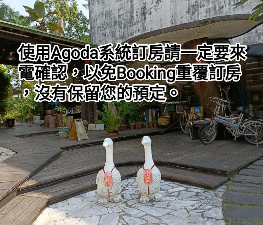 two geese standing in front of a building at Kamiyamato B&B in Guangfu