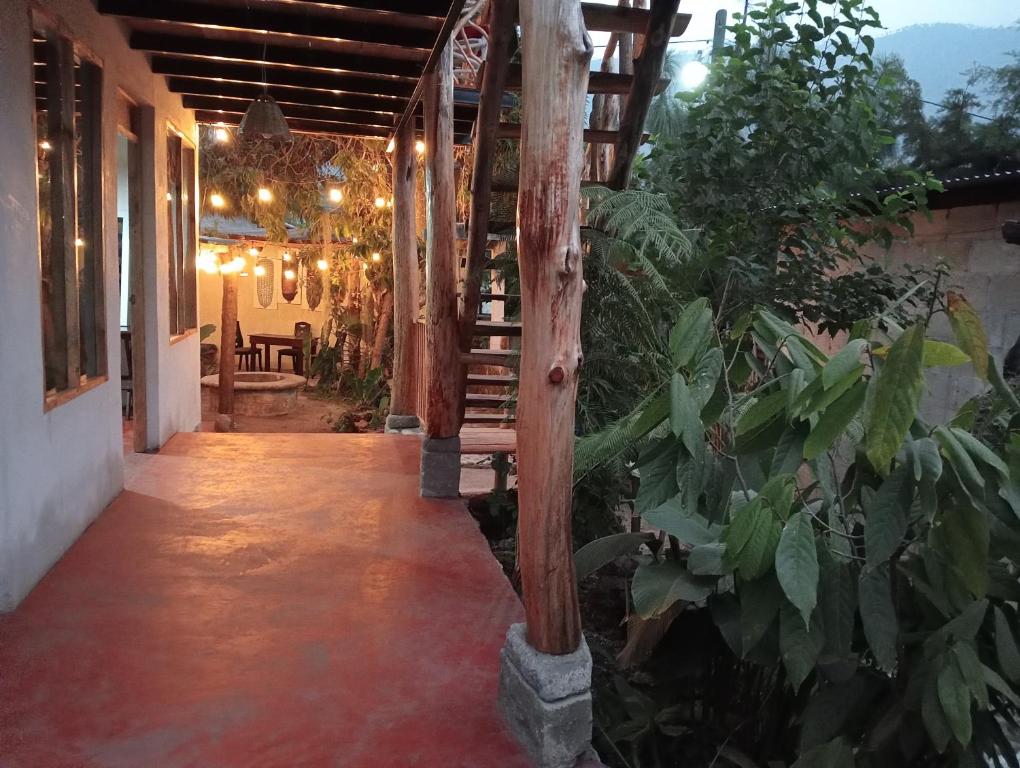 a hallway of a house with a staircase and plants at Cabaña Tzanjuyu in San Juan La Laguna