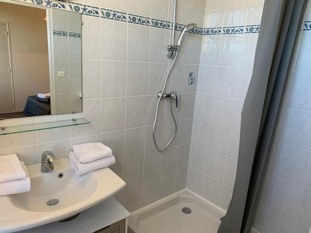 a bathroom with a shower and a sink at Résidence Le Rochebonne in Saint Malo