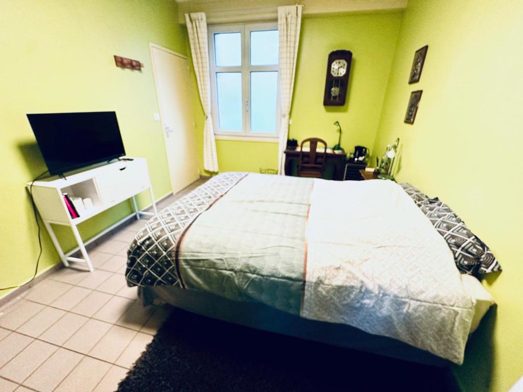 a bedroom with a bed and a television in it at Chambre privée à louer in Seclin