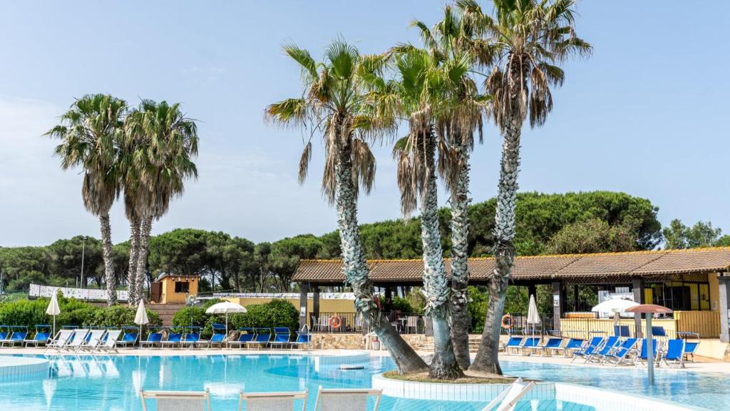 una piscina con palmeras y tumbonas en Ala Birdi Residence en Arborea 