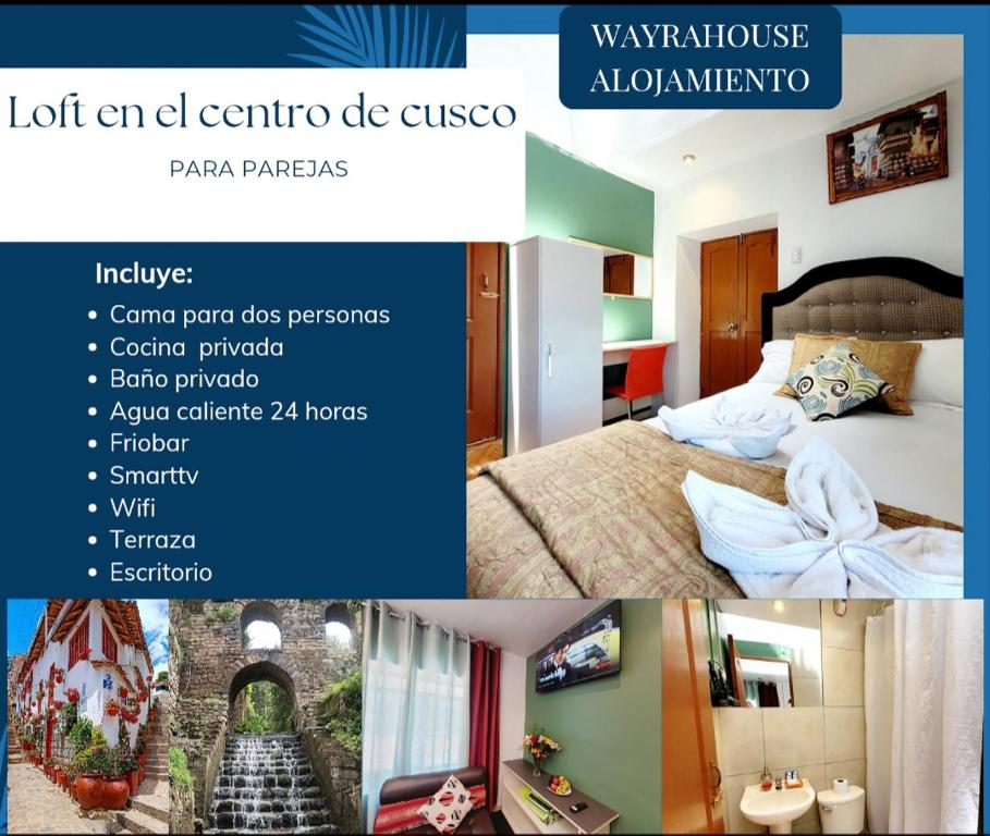 uma colagem de fotografias de um quarto de hotel em wayra house san blas em Cusco