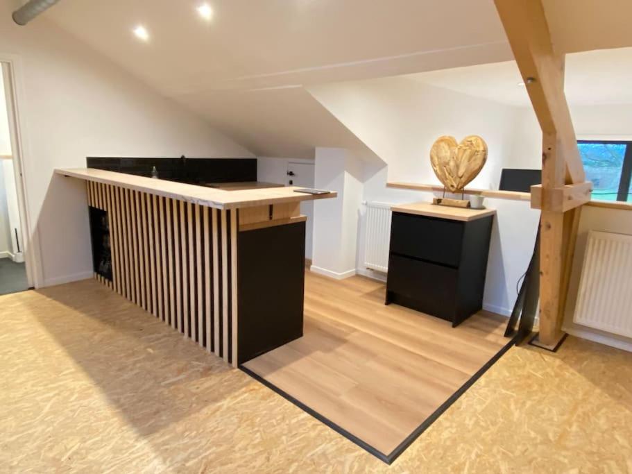 a kitchen with an island in a room at Magnifique logement, 2 chambres, in Péruwelz