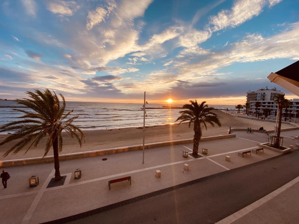- une plage avec des palmiers et l'océan au coucher du soleil dans l'établissement APPARTEMENT GRAU DU ROI - FRONT DE MER - CENTRE VILLE -RIVE GAUCHE, au Grau-du-Roi