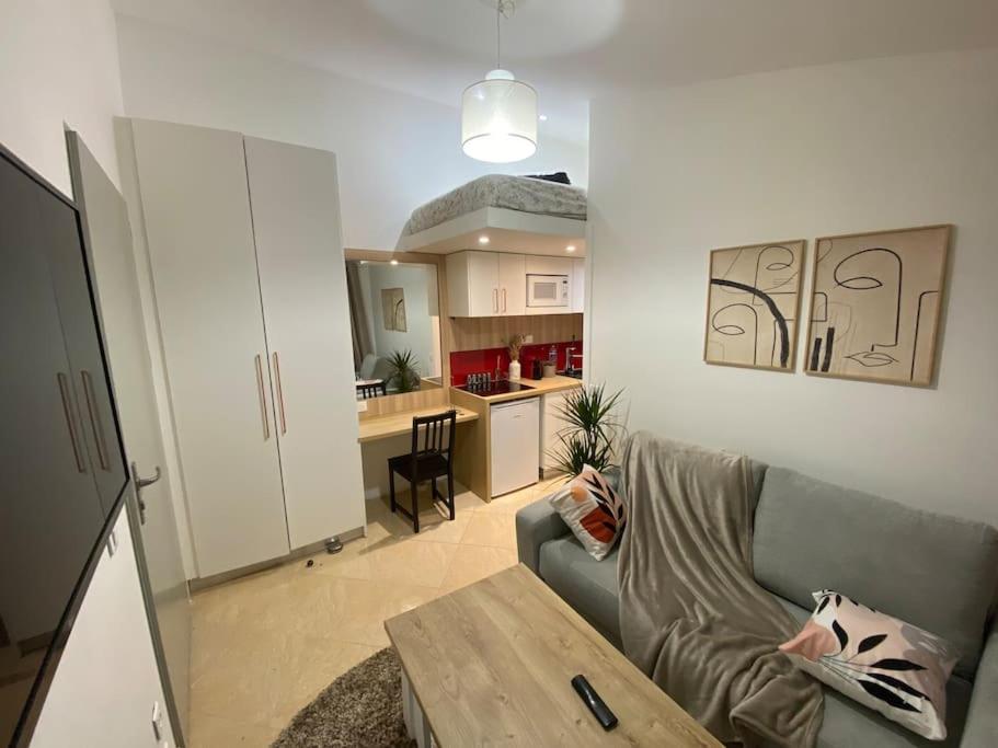 uma sala de estar com um sofá e uma mesa em Appartement charmant proche Paris em Ivry-sur-Seine