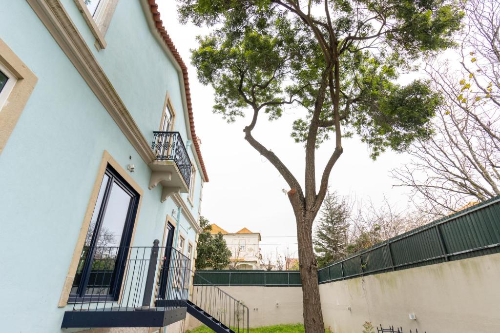a tree stands next to a building at Surf & Sea Suites in Parede