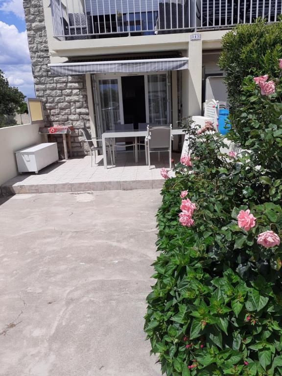 une maison avec une terrasse ornée de roses dans l'établissement Face à la plage, à Palavas-les-Flots