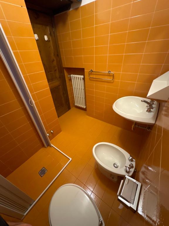 La salle de bains est pourvue de toilettes et d'un lavabo. dans l'établissement Panoramic apartment n 71, à San Martino di Castrozza
