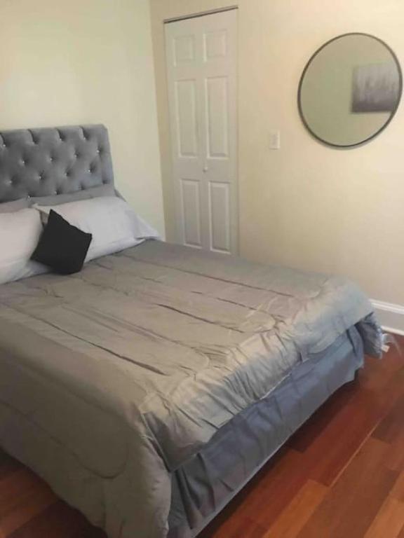 a bedroom with a bed with a large mirror on the wall at The luxury lounge in Schenectady