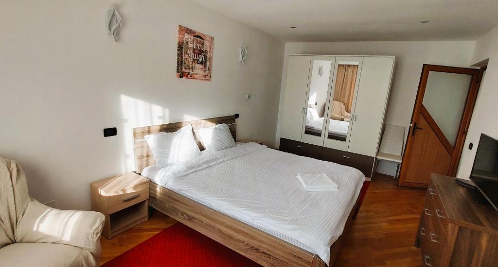 a bedroom with a large bed and a mirror at Casa Nella in Braşov