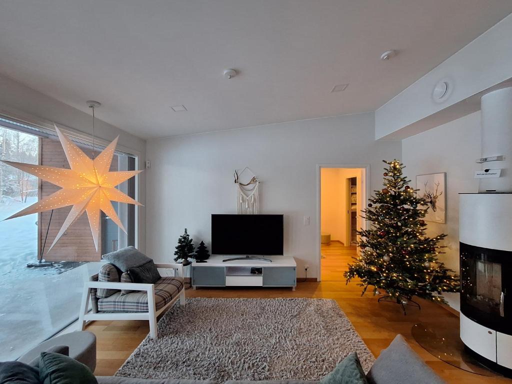 un salon avec un arbre de Noël et une télévision dans l'établissement Villa Arctic Light, à Rovaniemi