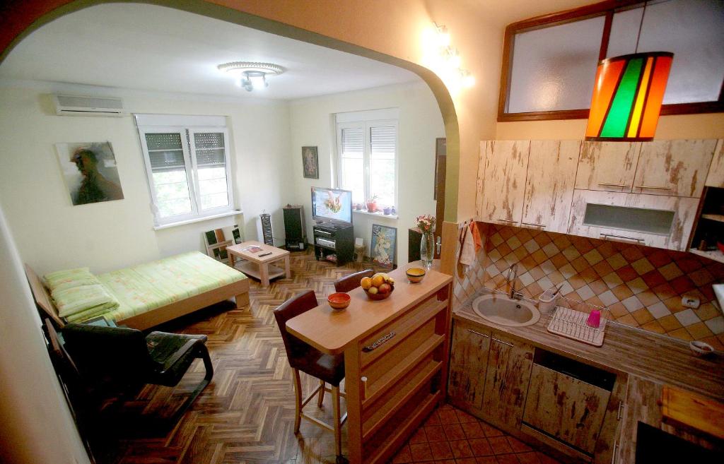 Cet appartement comprend un salon et une cuisine équipée d'un évier. dans l'établissement Studio Tash, à Belgrade