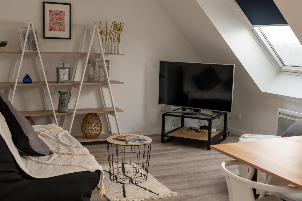 a living room with a couch and a tv at La Roseraie des Princes in Montbéliard