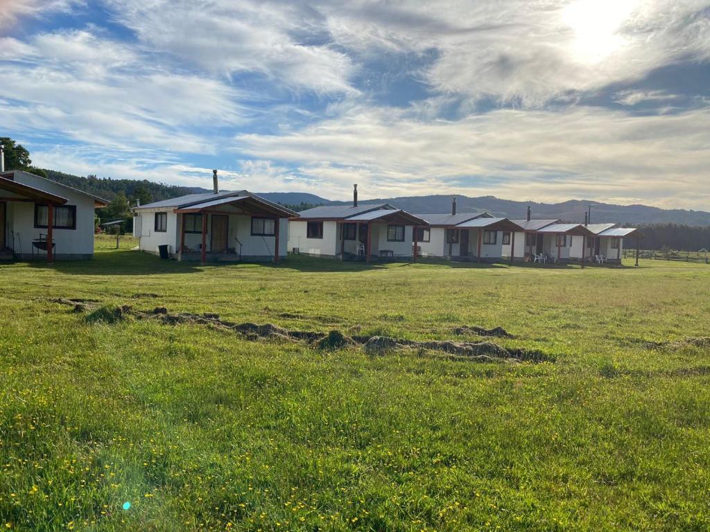 eine Reihe von Häusern auf einem Grasfeld in der Unterkunft Cabañas Lanco in Panguipulli