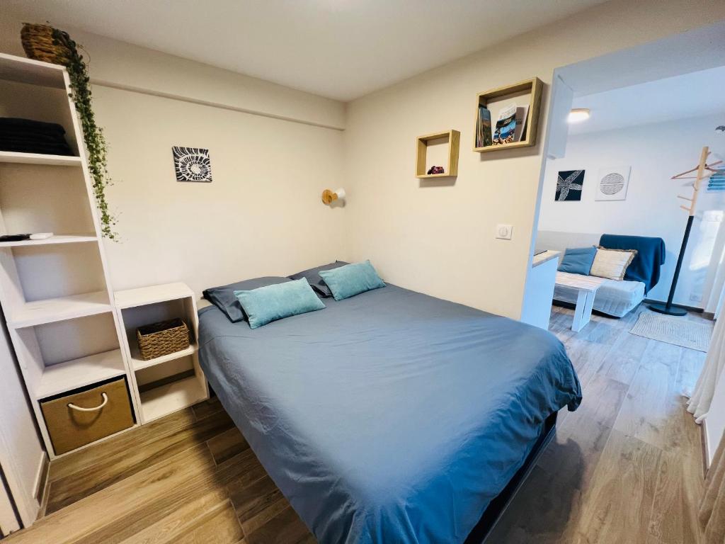 ein Schlafzimmer mit einem Bett mit blauen Kissen in der Unterkunft Studio with private car park and air con in Valbonne