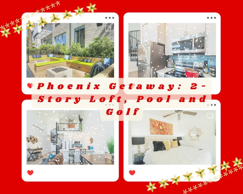 un collage de dos fotos de un dormitorio y una sala de estar en Loft with Views-King Beds-Shop & Dine-1mi & Parking 4058, en Phoenix