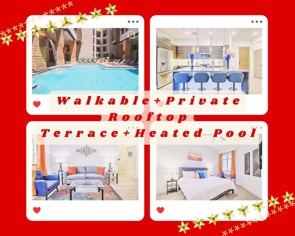 un collage de fotos de una casa con piscina en Private Rooftop Terrance-Walk Score 81-Shopping District-King Bed-Parking 4020, en Scottsdale