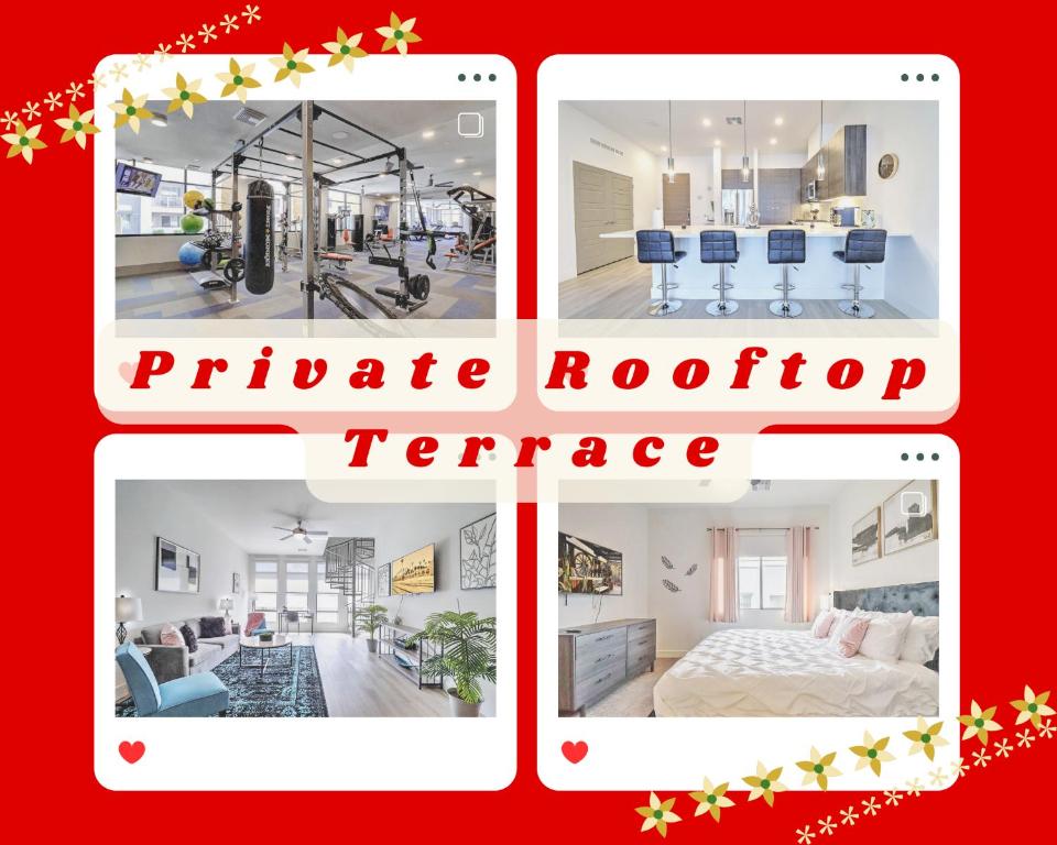 uma colagem de quatro fotografias de um apartamento em Private Rooftop Terrance - King Beds - Walk Score 81 & Parking 4014 em Scottsdale