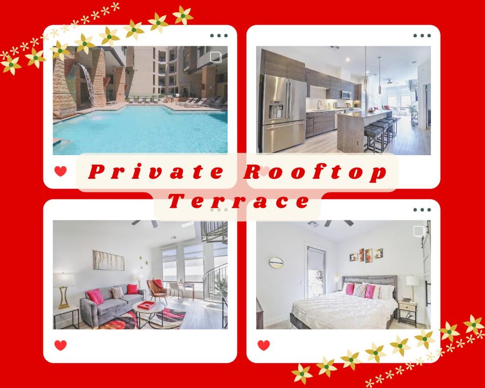 un collage di quattro foto di un appartamento di Private Rooftop Terrance-Walk Score 81-Shopping District-King Bed-Parking 4003 a Scottsdale