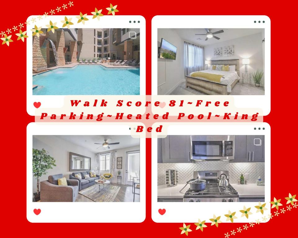 un collage di quattro immagini di un soggiorno e di una cucina di Walk Score 81-Shopping District-King Bed-Parking G3047 a Scottsdale