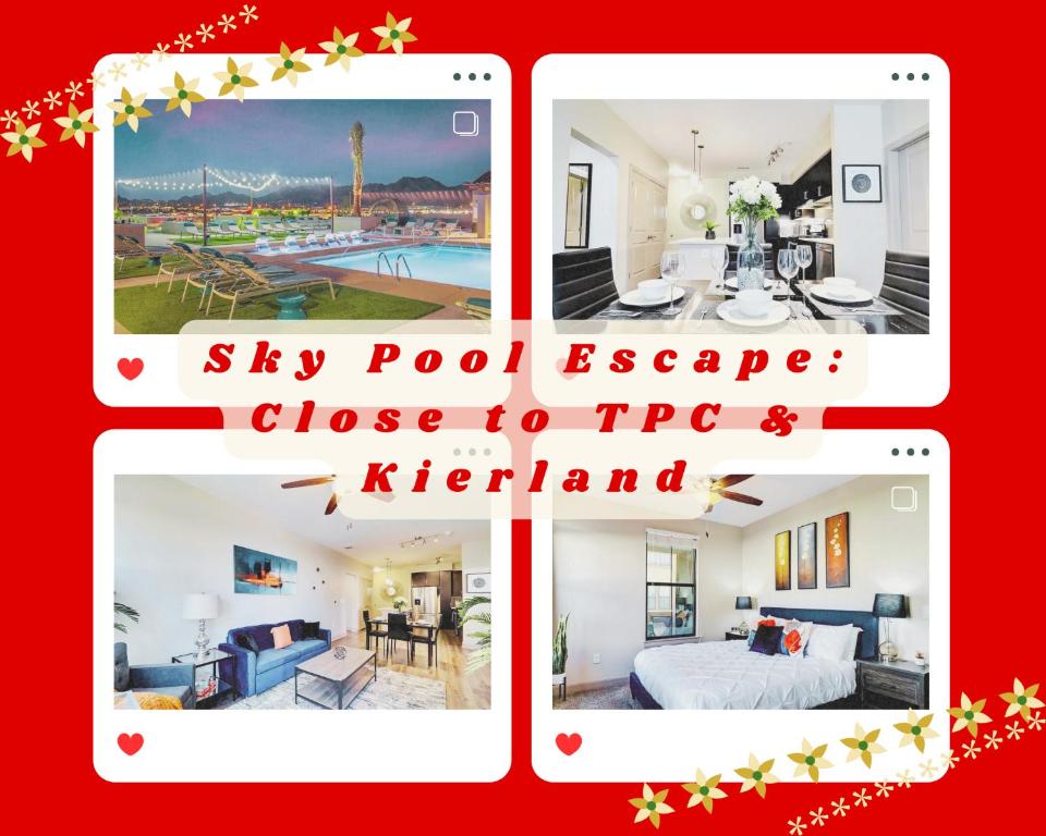 a collage of photos of a bedroom and a living room at Rooftop Pool with Mountain Views & King Beds with Parking 1123 in Scottsdale