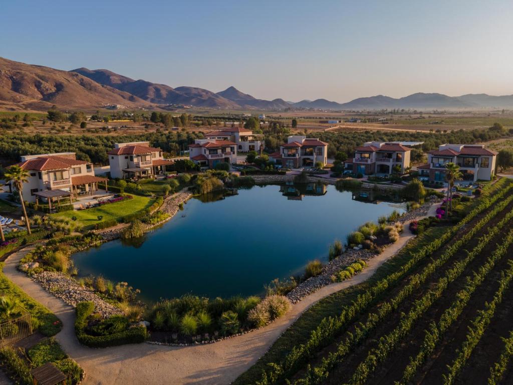 an aerial view of a villa with a lake at El Cielo Resort in Valle de Guadalupe