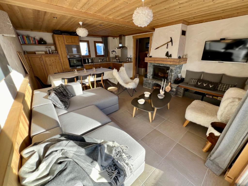 un salon avec un canapé et une cheminée dans l'établissement Chalet familial idéal 2 familles nombreuses Ski aux pied 12 pers Plagne Soleil, à La Plagne Tarentaise